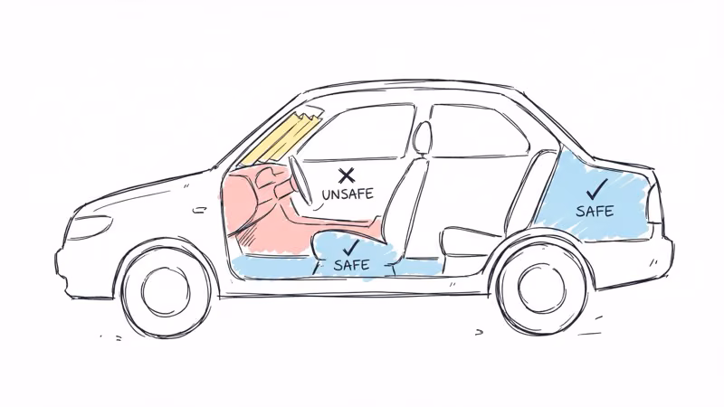Car cross-section showing safe and unsafe AirTag placement zones for heat protection