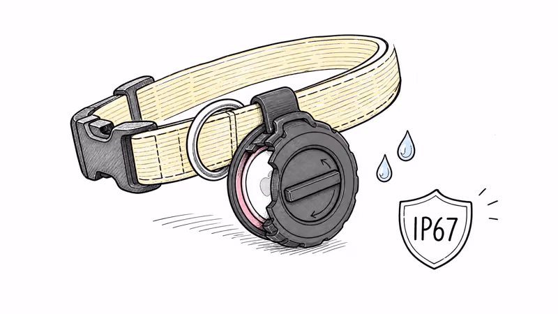 Close-up of Elevation Lab TagVault Pet AirTag holder mounted on dog collar showing IP67 enclosure and twist-lock closure
