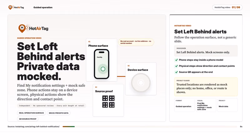Watch: a guided setup and fix for AirTag Left Behind alerts, using privacy-safe mocked screens