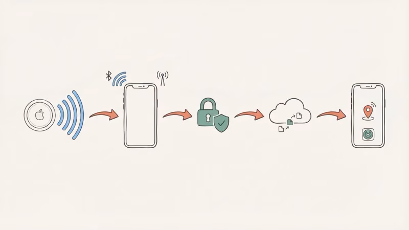 Diagram of Apple Find My network showing encrypted Bluetooth relay process