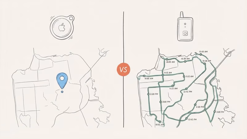 Side-by-side comparison of AirTag single pin versus GPS tracker full route history