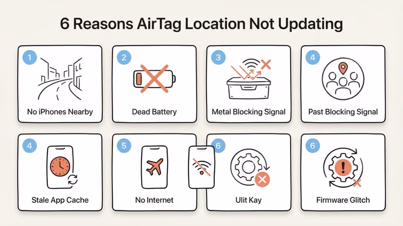 Six common causes of AirTag location not updating including low traffic and dead battery