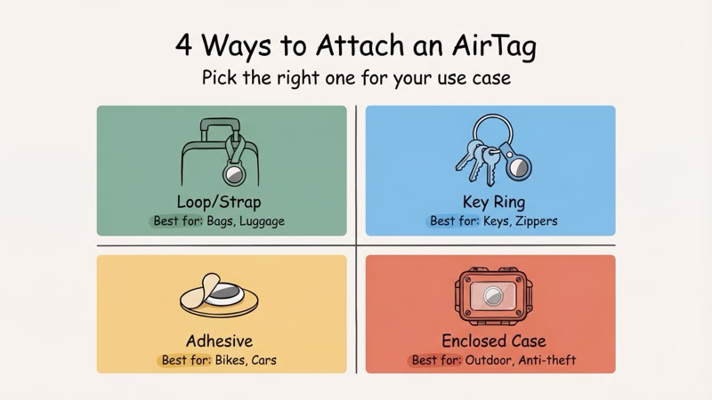Different AirTag attachment types including loops, key rings, and silicone holders compared side by side