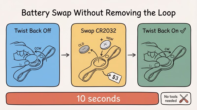 Step-by-step AirTag battery replacement while loop holder stays attached to a bag