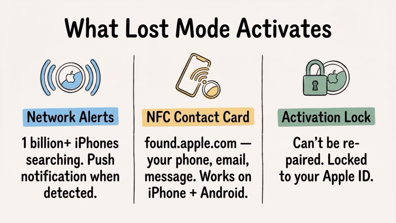 Three key features of AirTag Lost Mode: network alerts, NFC contact card, and Activation Lock