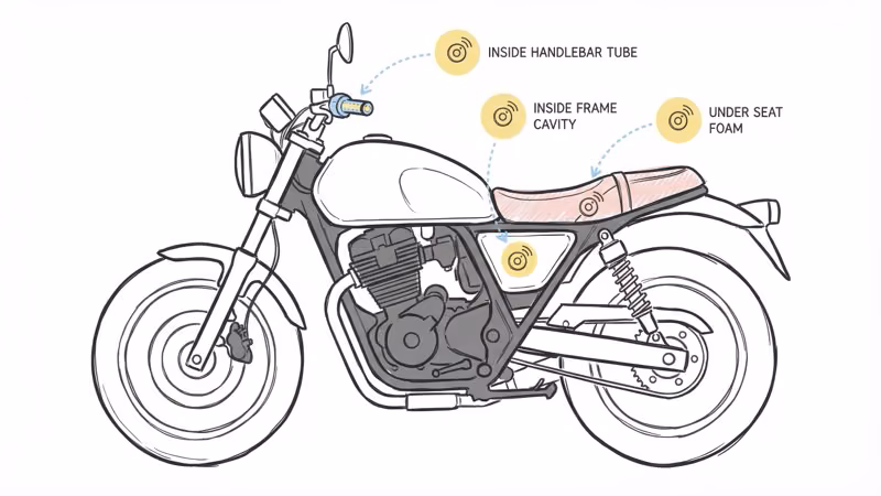 Notion hand-drawn illustration of a motorcycle with AirTag hiding spots marked at handlebar tube, frame cavity, and under seat
