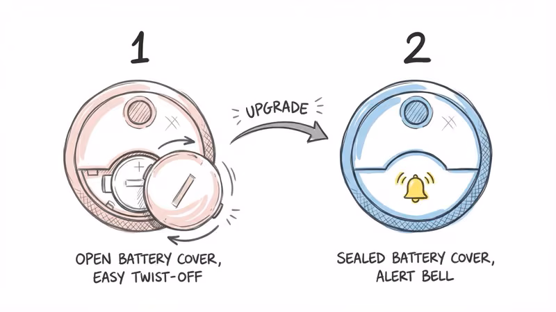 Notion hand-drawn illustration comparing AirTag 1 easy twist-off battery cover versus AirTag 2 sealed tamper-alert design