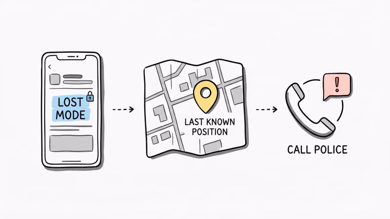 Hand-drawn steps for stolen motorcycle recovery showing Lost Mode activation, map location pin, and calling police