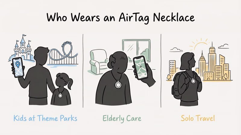 Three main user groups for AirTag necklaces: parents with children, elderly caregivers, and solo travelers