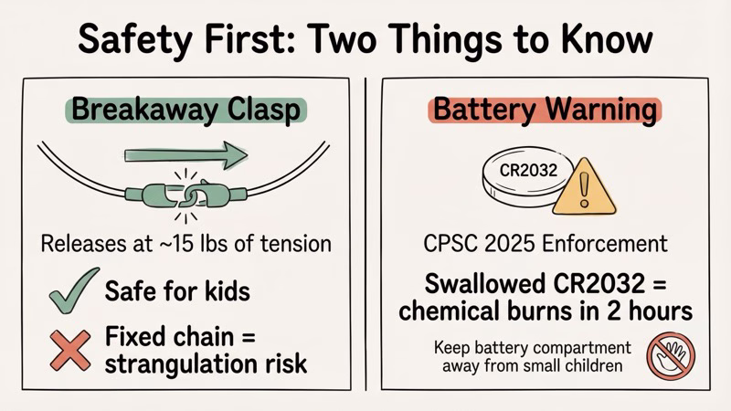 Safety considerations for AirTag necklaces including breakaway clasp and battery ingestion prevention