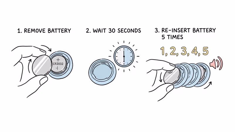 AirTag factory reset process showing battery removal wait and five reinsert steps with chirp sound