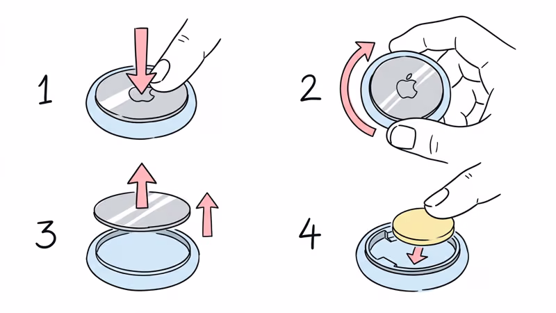 Step-by-step AirTag CR2032 battery replacement diagram showing press rotate and lift sequence