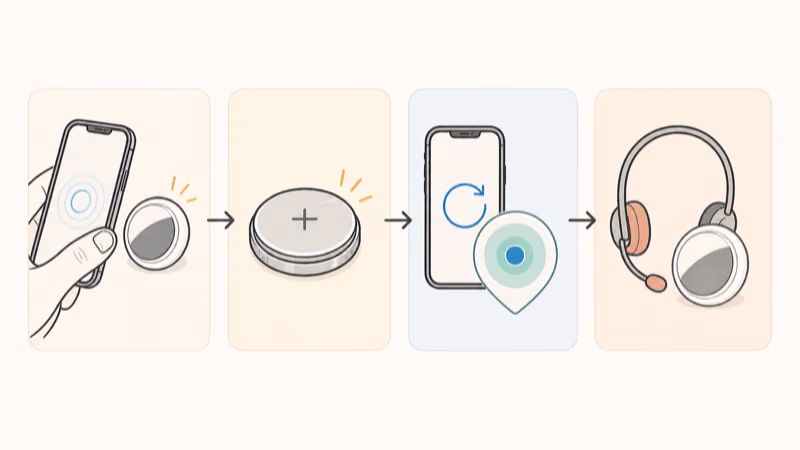 Four-panel AirTag sound troubleshooting path showing nearby test, CR2032 battery, iPhone restart, and support escalation