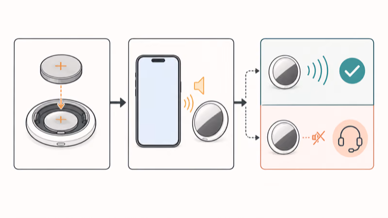 AirTag speaker test boundary showing a compatible battery, nearby sound test, successful sound, or support escalation