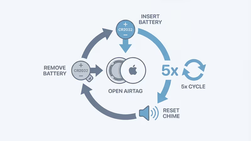 AirTag factory reset process showing the five battery removal and reinsertion cycles