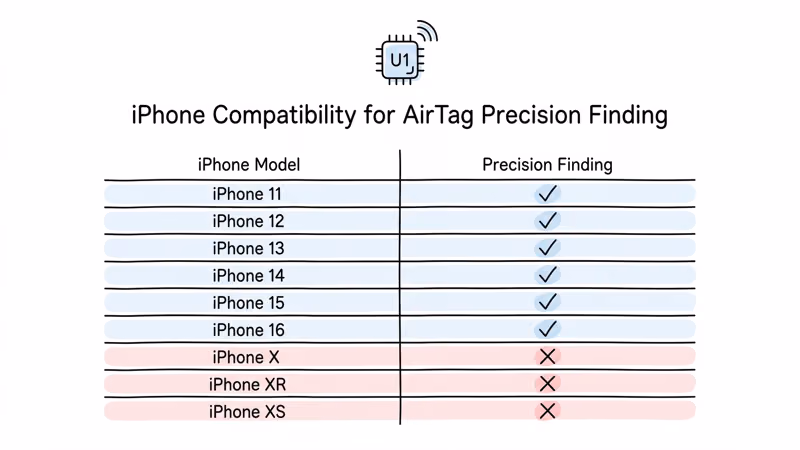 iPhone model compatibility chart showing which phones support AirTag Precision Finding