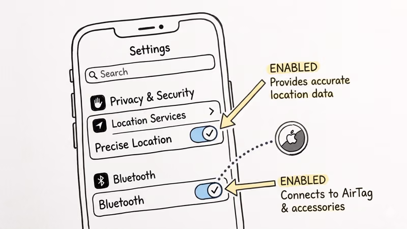iPhone settings screens showing Precise Location and Bluetooth toggles for AirTag Precision Finding fix