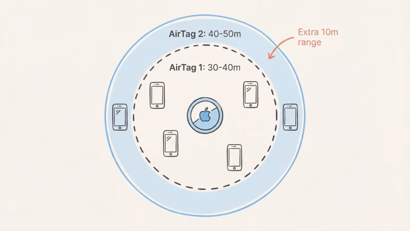 AirTag 2 improved Bluetooth detection range of 40-50 meters compared to original 30-40 meters
