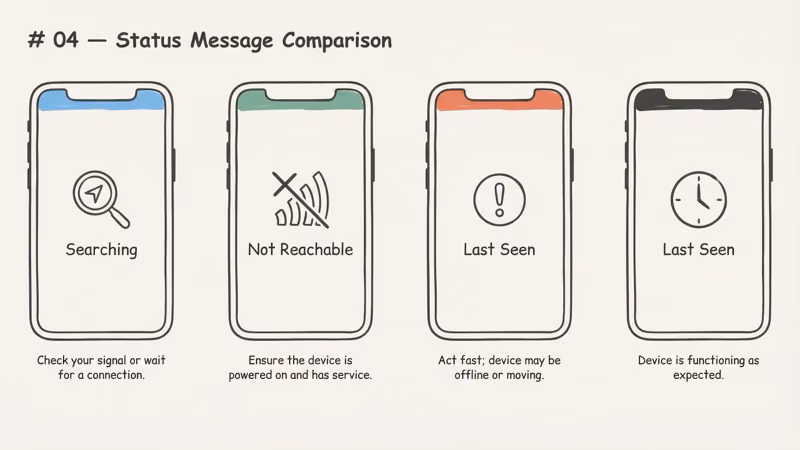 Comparison of Find My status messages: Searching for Signal, Not Reachable, and Last Seen