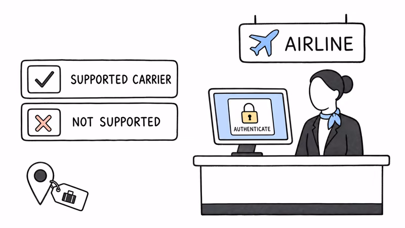Airline agent needing to authenticate and a supported carrier check before opening an AirTag location link