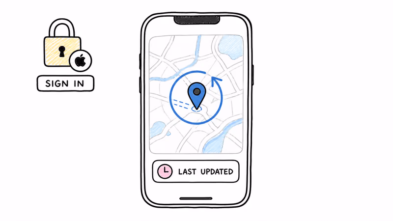 Recipient view of a shared AirTag map refreshing live with a last-updated timestamp after signing in