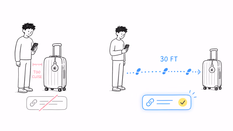 AirTag share link blocked when too close to the iPhone and generating once the bag is about 30 feet away