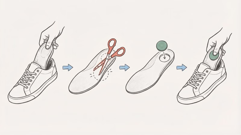 Step-by-step AirTag insole insert installation showing drop-in pocket and placement under arch