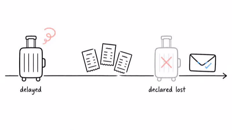 Timeline of a delayed bag accumulating expense receipts until the airline declares the bag lost and the claim is filed