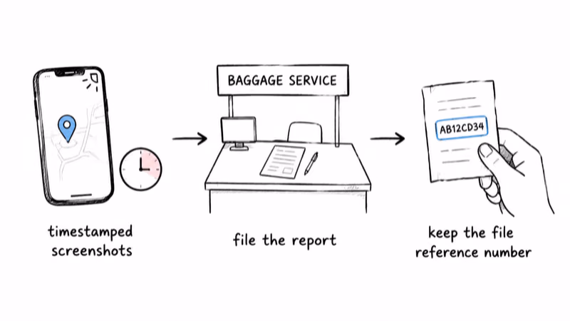 Three step evidence routine after landing with timestamped screenshots, filing the baggage report, and keeping the file reference number