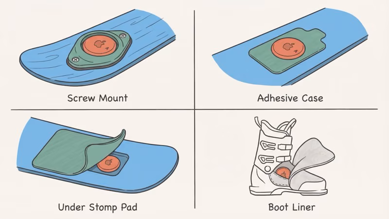 Best AirTag ski mount types including screw-secured pods, adhesive cases, and stomp pad hides
