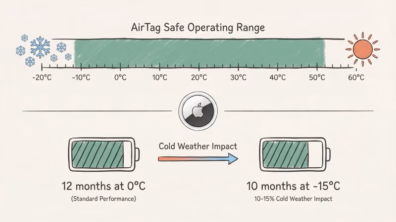AirTag cold weather performance showing operating range and CR2032 battery capacity in sub-zero temps