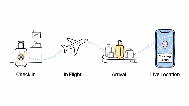 Scene showing AirTag tracking luggage through airport journey from check-in to carousel with live phone location