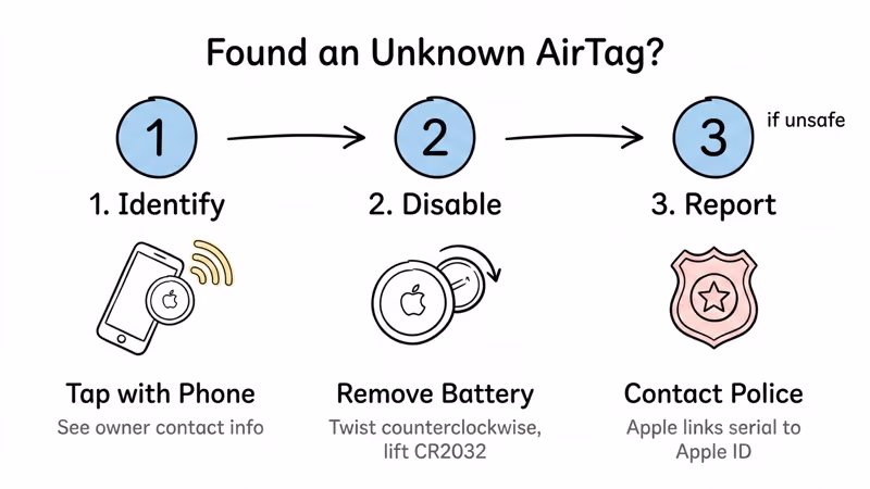 Three-step flowchart for responding to suspicious AirTag: tap to identify, remove battery, contact police