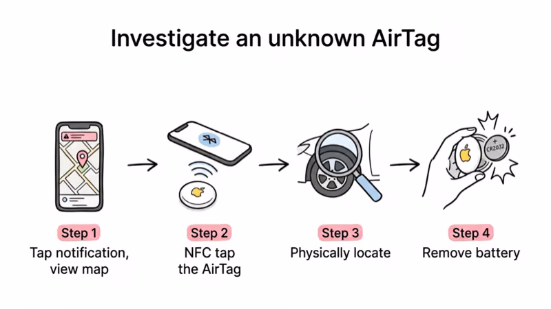 Hand-drawn four-step ladder diagram for investigating and disabling an unknown AirTag