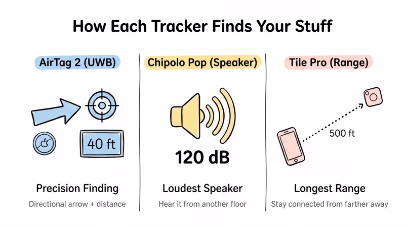 Comparison of finding methods: AirTag UWB directional arrow, Chipolo 120dB speaker, Tile Pro 500ft Bluetooth range