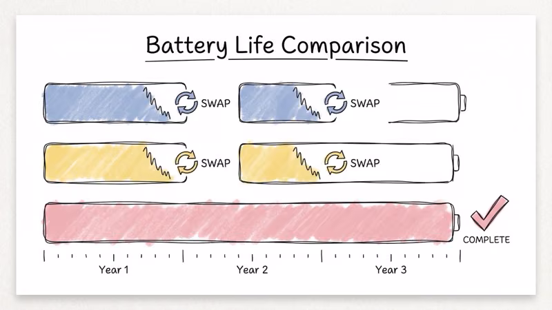 Battery life comparison over 3 years: AirTag and Chipolo need 2 swaps, Tile Pro needs zero swaps