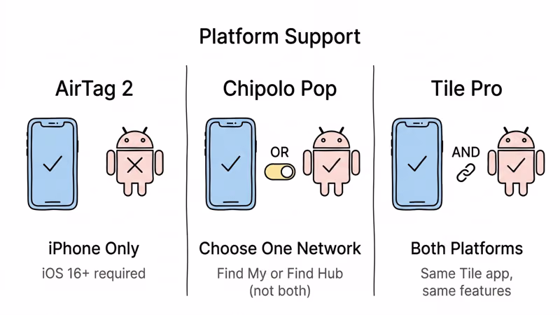 Cross-platform compatibility: AirTag iPhone only, Chipolo choose one network, Tile Pro both platforms