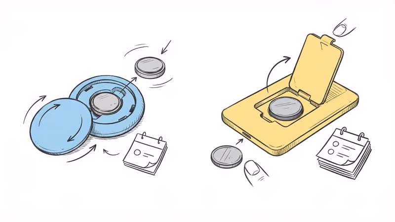 Battery life comparison showing AirTag CR2032 one-year life versus Ekster CR2450 two-year life