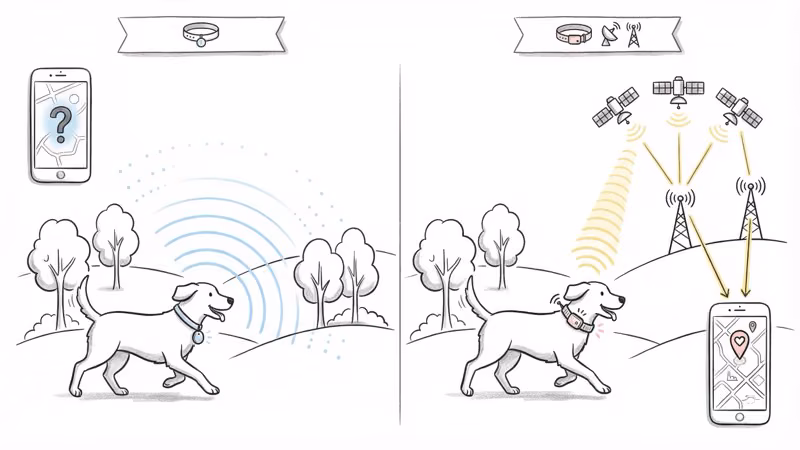 Tracking technology comparison between AirTag Bluetooth crowdsourcing and Fi collar GPS plus LTE cellular