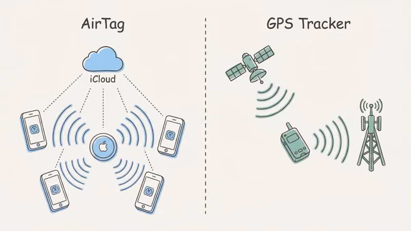 Technology difference between AirTag Bluetooth crowdsourced tracking and GPS cellular real-time tracking