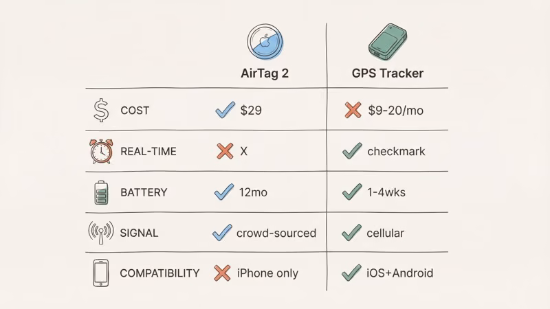 Head-to-head specs comparison of AirTag 2 vs GPS trackers covering cost, coverage, and features