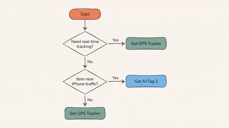 Decision flowchart for choosing between AirTag and GPS tracker based on tracking needs