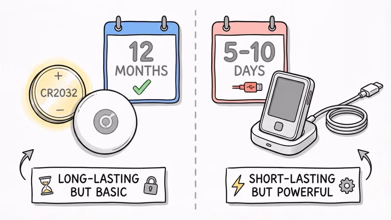 Battery life comparison: AirTag 1-year replaceable CR2032 vs Jiobit 5-10 day rechargeable