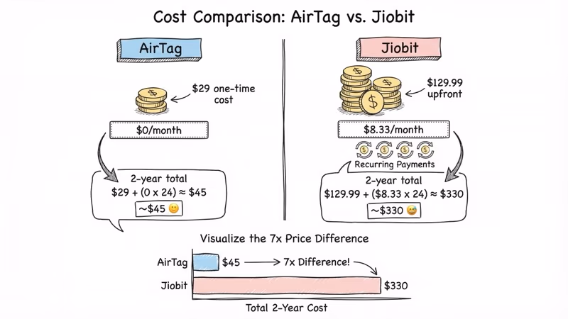 Two-year cost comparison: AirTag at $43-48 total vs Jiobit at $330 with subscription fees