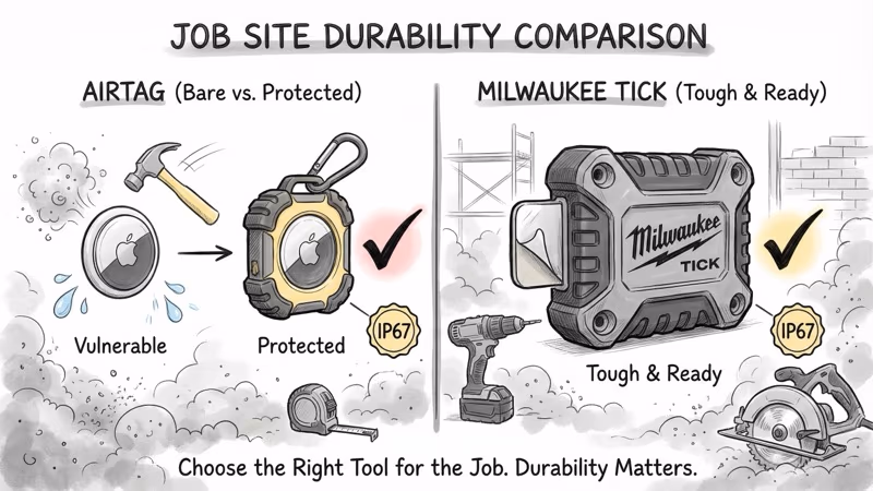 Job site durability comparison between Milwaukee Tick rubberized housing and AirTag in a rugged case