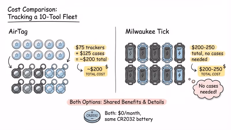 Cost comparison for tracking a 10-tool fleet with AirTag versus Milwaukee Tick over one year