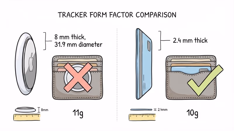 Form factor comparison between AirTag disc shape and Orbit Card credit-card-sized 2.4mm thin design