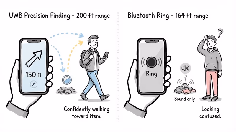 AirTag UWB Precision Finding with directional arrow versus Orbit Card Bluetooth proximity and 90dB buzzer
