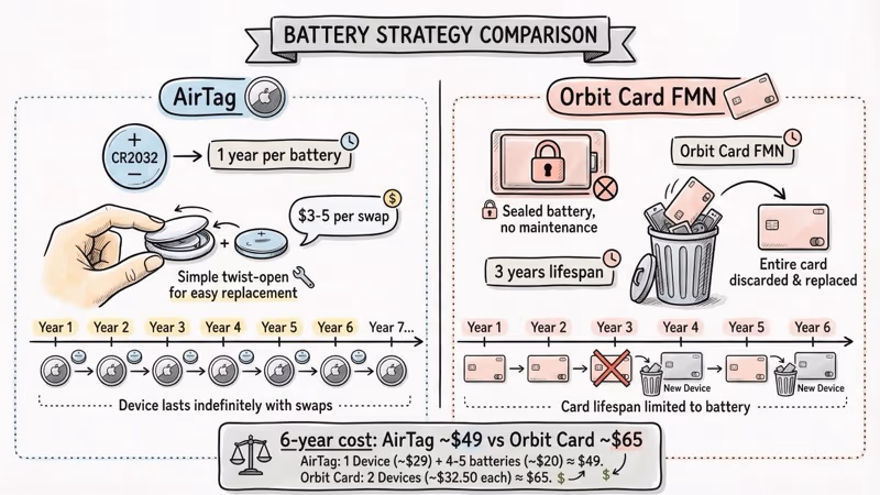 Battery comparison between AirTag replaceable CR2032 one-year cell and Orbit Card sealed three-year battery