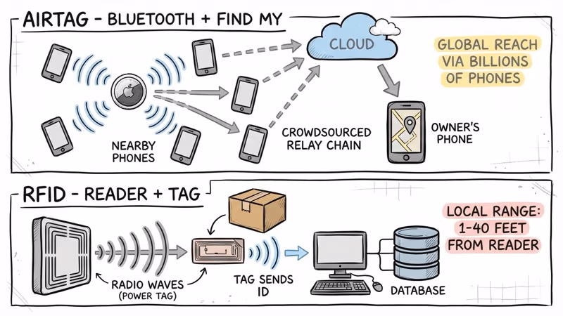 How AirTag Bluetooth crowdsourced tracking works compared to RFID reader-based radio wave scanning